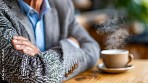 Fototapeta Relaxing coffee break. A man in a suit enjoys a steaming cup, arms crossed, in a relaxed setting.