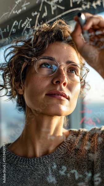 Fototapeta Focused woman writing on transparent board, concentrating on complex equations, illuminated by natural light, knowledge pursuits.