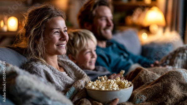Fototapeta Cozy family evening: A mother, father, and child snuggle on the couch with popcorn, enjoying quality time together at home.