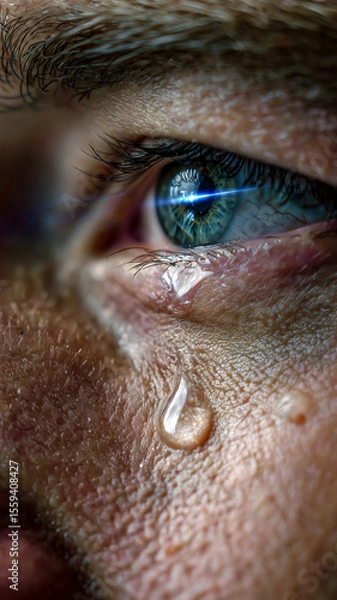 Fototapeta Close-up of a blue eye with tears, highlighting raw emotion. The lens flare creates an interesting contrast against the teardrop.