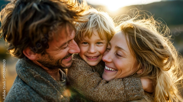 Fototapeta A happy family hugging warmly at sunset, creating a moment of love, joy, and togetherness in nature.