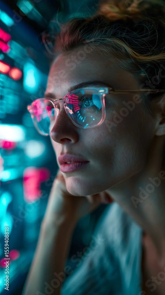 Fototapeta Focused woman with glasses reflecting digital data in a brightly lit setting, showcasing technology and innovation.