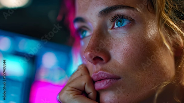 Fototapeta Focused gaze of a woman illuminated by a screen, immersed in digital content, eyes reflecting the glow of the virtual world.
