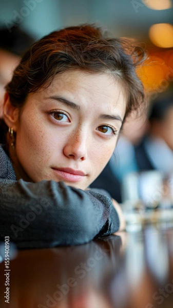 Fototapeta Intimate portrait of a young woman with freckles, resting her head on a polished table, gazing intensely at the viewer.