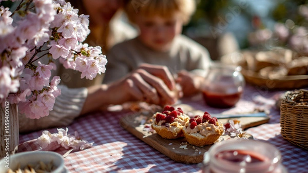 Fototapeta Family creating raspberry desserts. A delightful scene capturing a bond over food, flowers, and outdoor fun.