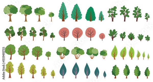 Obraz Set of tree hand drawn flat design. Tree collection vector element.
