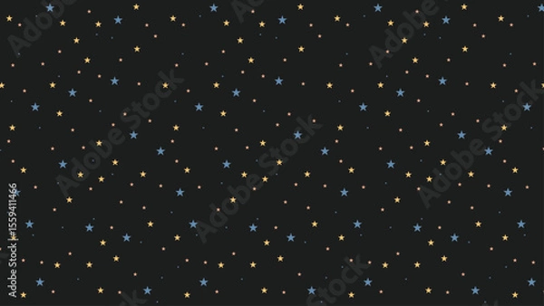 Fototapeta Seamless night sky star pattern with blue, yellow, and coral stars on dark background. Perfect for kids design, nursery wallpaper, wrapping paper, party decor, and celestial-themed projects.