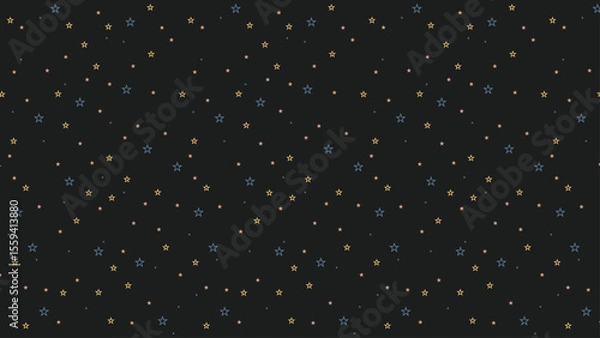 Fototapeta Seamless star outline pattern with blue, yellow, and coral stars on black background. Celestial night sky vector for kids fabric, wrapping paper, nursery decor, and digital backgrounds.