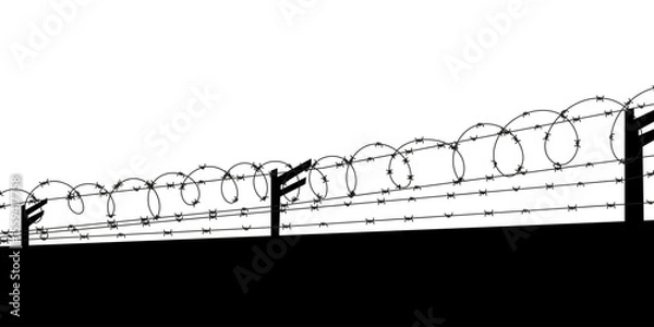 Fototapeta Barbed wire fence silhouette. Vector illustration of security barrier for prison, military zone, or danger area. Sharp metal protection border on white background.