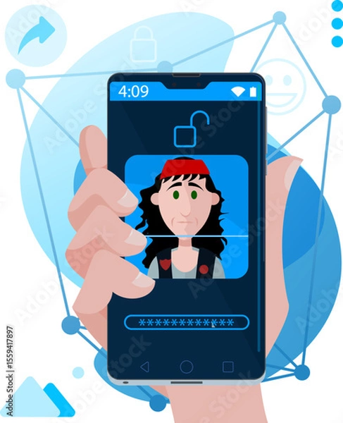 Fototapeta Facial recognition - Face unlock on smartphone with an young stylish man