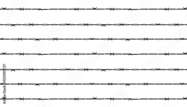 Fototapeta Black ink thin outline barbed wire isolated on white. Monochrome seamless linear pattern. Simple flat vector graphic with hand-drawn texture. Minimalist design.