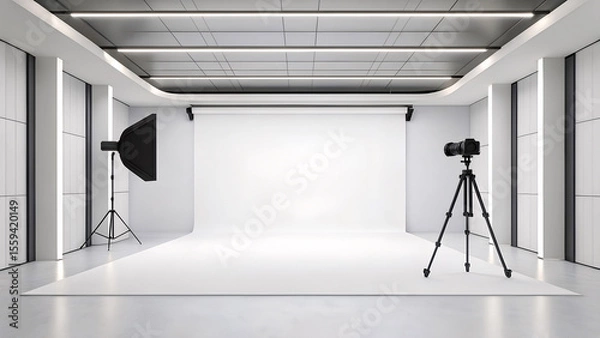 Obraz Modern photography studio interior with professional lighting equipment camera on tripod and seamless white background ready for photoshoots