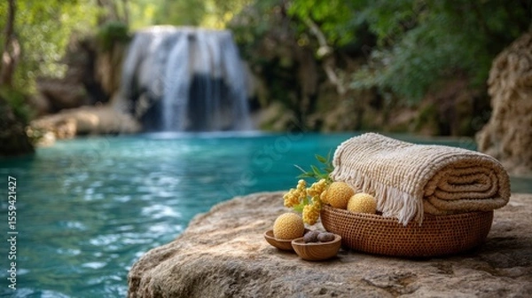 Fototapeta Relaxing Nature Scene with Towels and Fruits Near a Waterfall