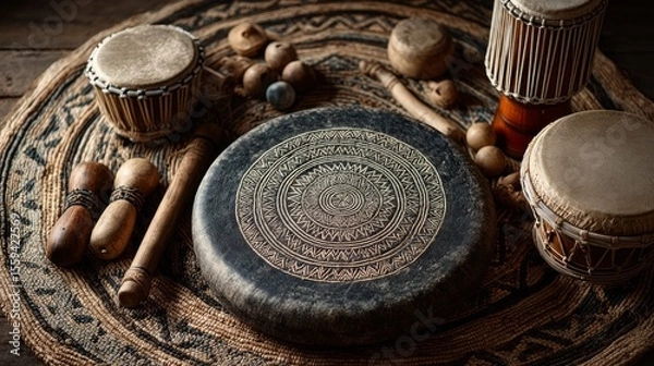 Fototapeta Intricate Tribal Drums and Musical Instruments on Woven Mat