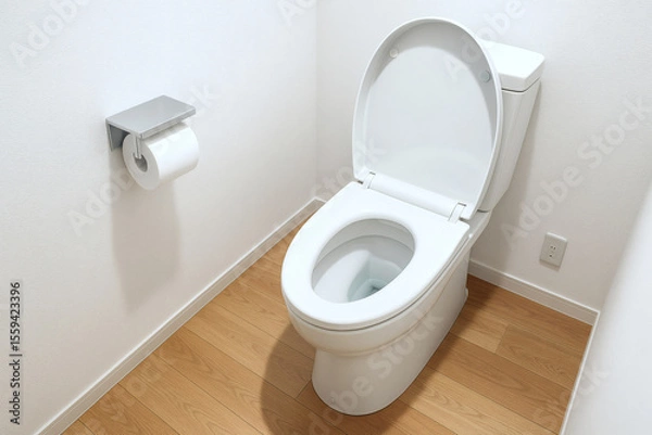 Fototapeta 清潔感のある洋式トイレと壁掛けトイレットペーパーの室内設備