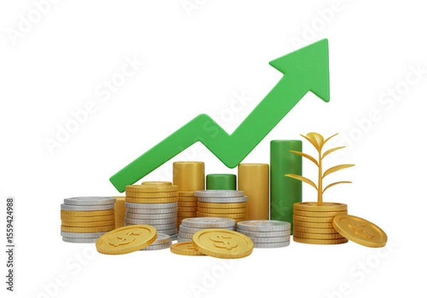 Fototapeta A vibrant 3d rendering shows stacks of gold and silver coins, a green upward arrow, and a growing plant, symbolizing financial growth, isolated on transparent background