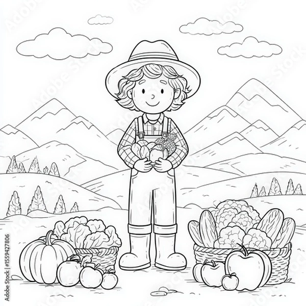 Obraz Happy Child Holding Fresh Vegetables in a Scenic Farm Landscape
