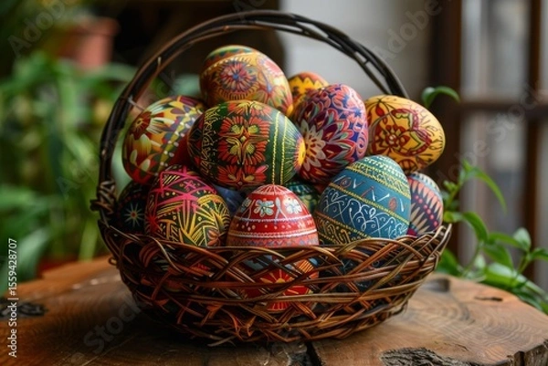 Fototapeta hand-painted Ukrainian pysanka eggs, wooden basket, rural setting, realistic style, soft morning light, vibrant multicolored tones, centered composition with negative space at bottom