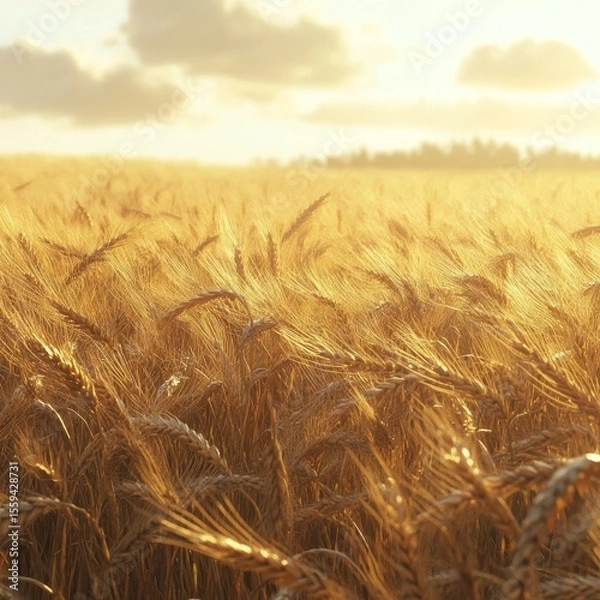 Fototapeta Golden wheat field swaying gently in the wind under soft clouded sky, camera moving smoothly across the field, soft golden light, high-quality render 