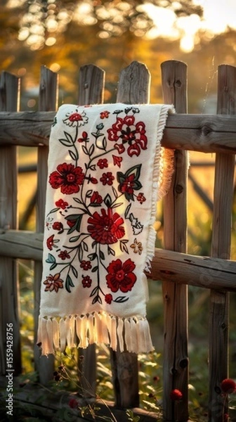 Fototapeta embroidered Ukrainian rushnyk towel, rustic wooden fence, outdoor scene, realistic style, golden sunlight, vivid red and white tones, rule of thirds with towel on right