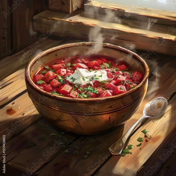 Fototapeta bowl of steaming borscht with sour cream, wooden table, cozy kitchen, realistic style, soft natural lighting, earthy red and beige tones, rule of thirds with bowl on right
