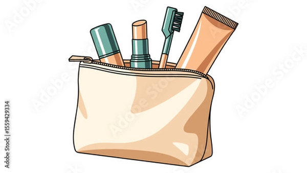 Fototapeta Cosmetic bag with makeup products, beauty essentials for travel and daily use in vector art style,