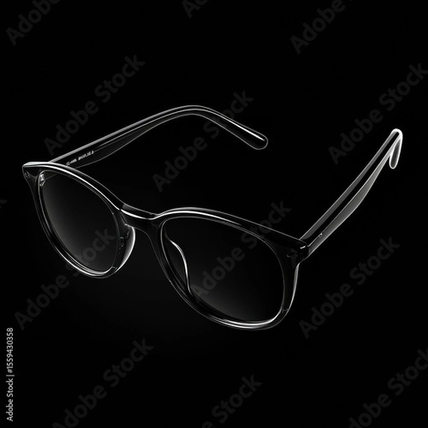Fototapeta black eyeglasses, frame temples are open, standing on a black background, perspective is 45 degree angle 
