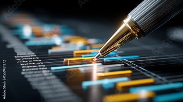 Fototapeta Data Analysis with Pen on Chart with Colorful Bars and Graph Elements