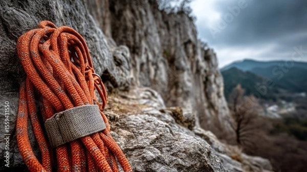 Fototapeta Vibrant Climbing Rope Set Against Rocky Cliff and Moody Landscape