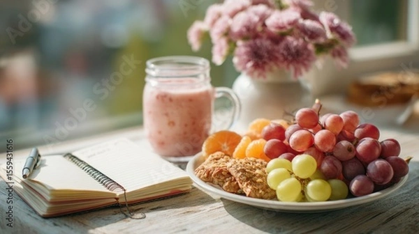 Fototapeta Healthy Breakfast with Smoothie, Fruits, and Granola in Cozy Setting