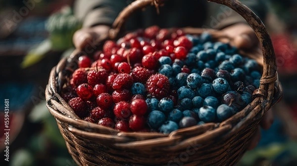 Fototapeta Freshly Gathered Berries in a Rustic Basket Surrounded by Nature