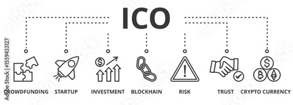 Fototapeta Initial Coin Offering ( ICO ) banner vector illustration concept with icon of cryptocurrency, crowdfunding, startup , trust, Investment, blockchain and Risk