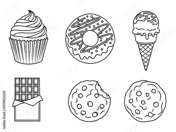 Obraz Outlined sweets assortment featuring a cupcake, donut, ice cream, chocolate bar and cookies drawing design