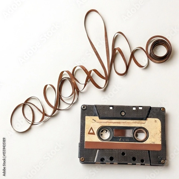 Fototapeta  A vintage audio cassette tape with its brown magnetic tape unspooled. The loose tape is meticulously arranged to form the shape of a classic digital soundwave, representing music and audio