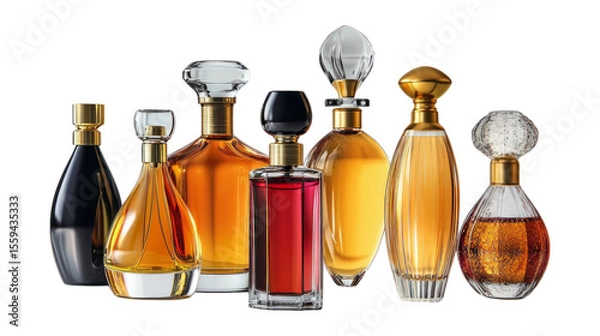 Fototapeta Elegant Collection of Vintage Perfume Bottles on White Background, PNG bundle collection, Isolated on Transparent Background