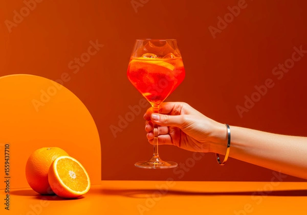 Obraz The quintessential Aperol Spritz, glowing with amber warmth in a delicate female grip, perfectly complements the sunny orange ambiance.