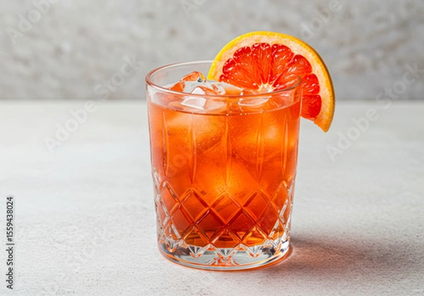 Obraz Pink sunset chill: Negroni Rosa, glistening with ice and grapefruit in a unique glass, the definitive summer beverage.
