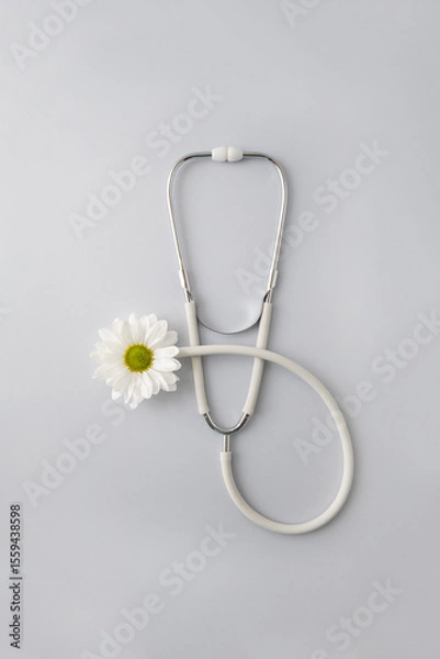 Fototapeta Medical stethoscope decorated with a daisy bud on a gray background. Greeting card with a professional day of a doctor or nurse. Selective focus, copy space