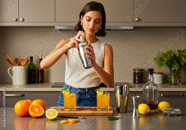 Obraz The art of home bartending: Zesty citrus and shimmering ice transform into refreshing cocktails crafted by hand.