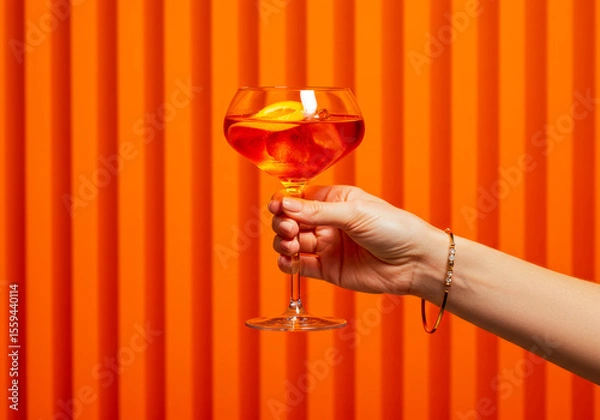 Obraz Elegance in a glass: A classic Aperol Spritz, poised in a woman's hand, offering a refreshing escape on a warm, inviting orange canvas.