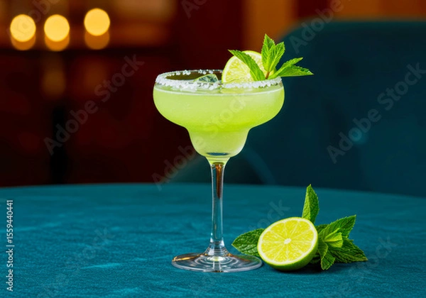 Obraz Unleash the ultimate chill: A perfectly balanced cucumber-lime cocktail, brightened by fresh mint, promises blissful refreshment.