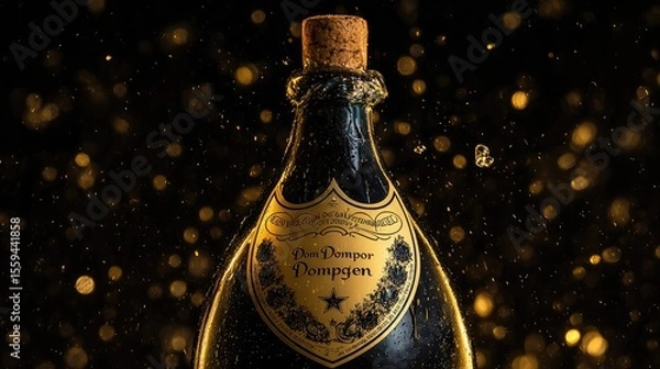 Fototapeta Ultra-macro shot of Dom Pérignon cork mid-pop, golden droplets crystallizing in air, black background with suspended gold leaf particles, frozen motion at 1/8000 shutter speed, Phase One IQ4 150MP det