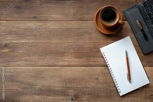 Fototapeta Overhead shot of a wooden desk with a coffee mug notepad pen and laptop