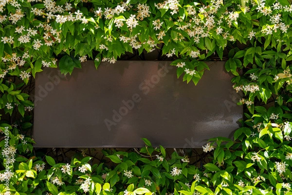 Fototapeta A blank signboard is nestled amidst vibrant green leaves and delicate white flowers, creating a serene and inviting garden atmosphere.
