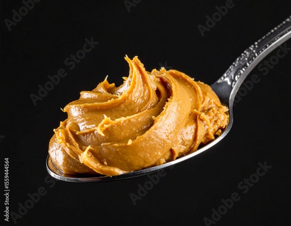 Fototapeta Close-up of a spoon holding smooth nut butter against a dark background