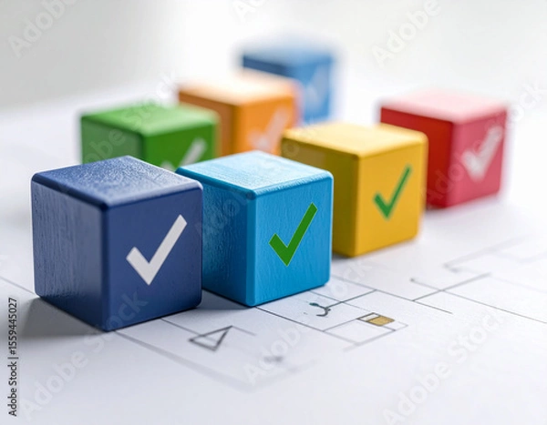 Fototapeta Colorful cubes with checkmark icons arranged on a bright surface representing choices and approval