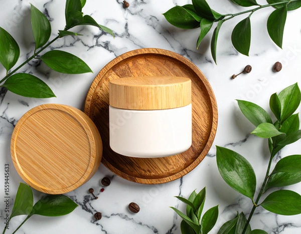 Fototapeta Coffee mug on wooden tray surrounded by green leaves, wood slices and pinecones on white background