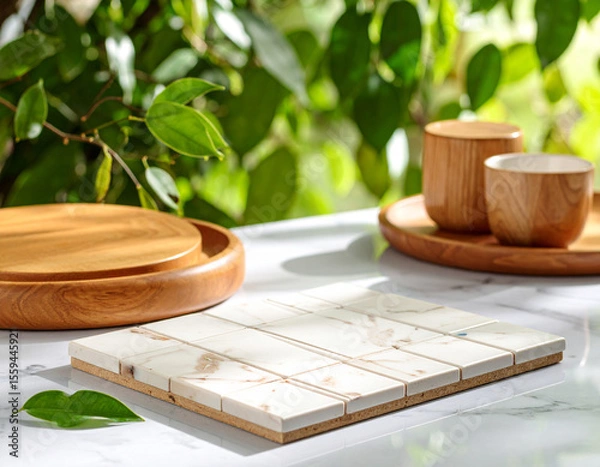 Fototapeta Wooden cups and trays arranged with a marble tile board on a sunlit surface surrounded by green leaves