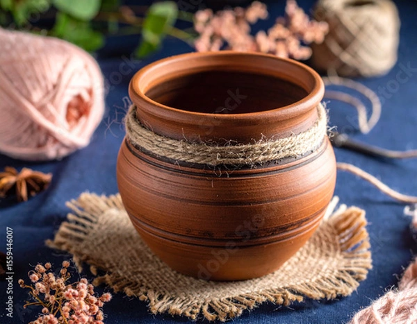 Fototapeta Clay pot wrapped with twine placed on pink knit fabric with yarn, walnuts and soft cozy decor