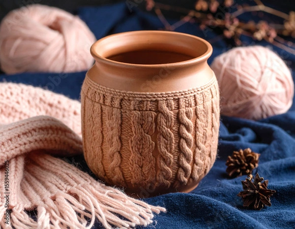 Fototapeta Clay pot wrapped with twine placed on pink knit fabric with yarn, walnuts and soft cozy decor